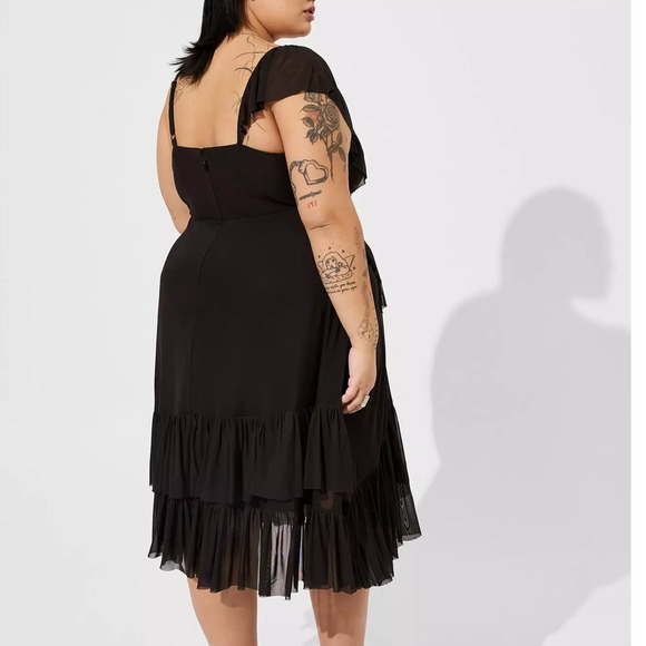 Torrid 2 (2X 18/20) Black Midi Mesh Ruffle Busty Surplice Cocktail Party Dress - Picture 3 of 3